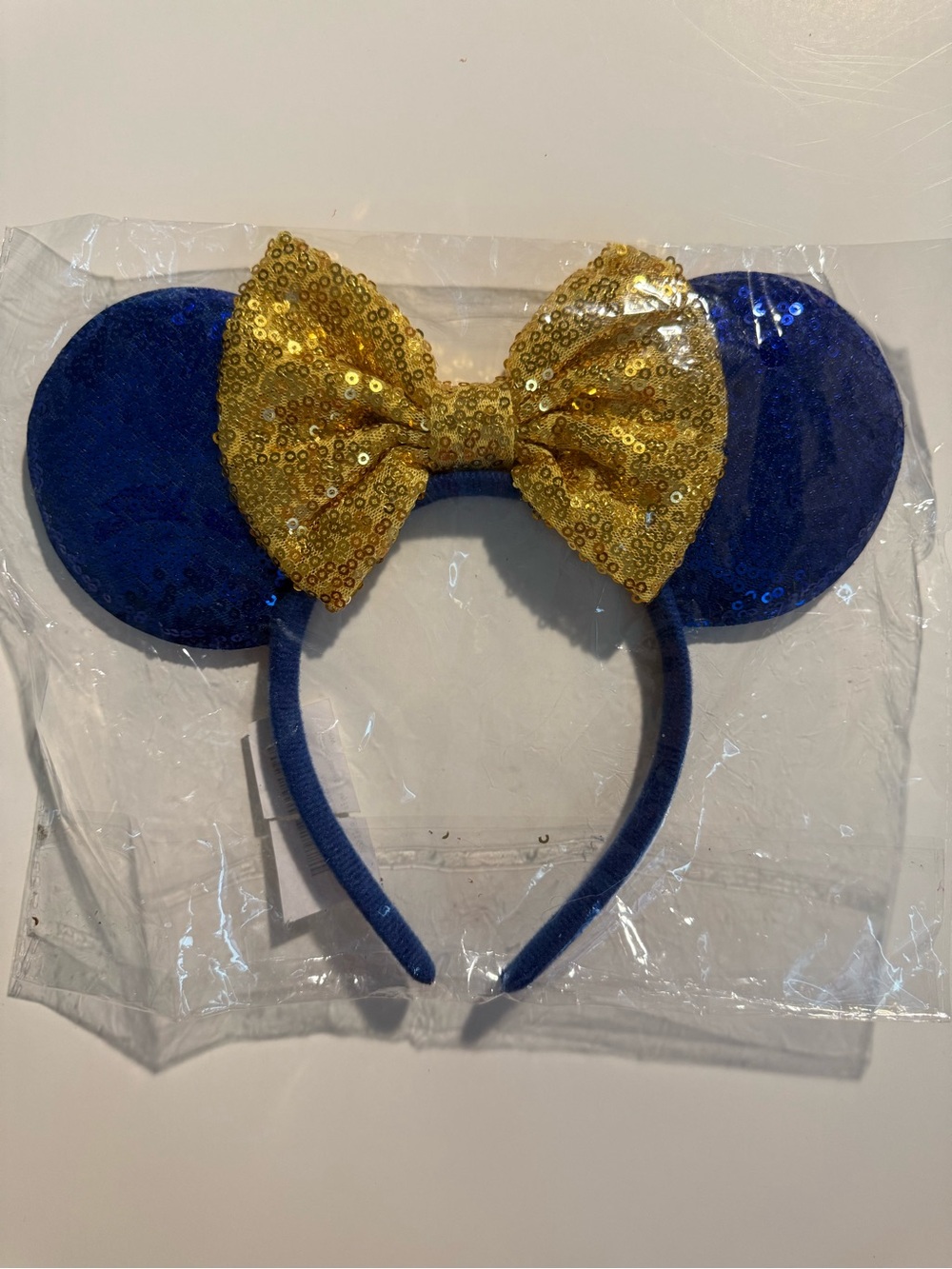 Blue Sequin Mouse Ear Headband with Gold Sequin Bow - Kids Costume